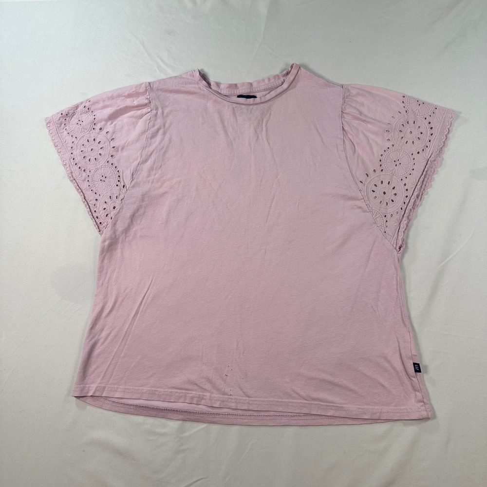 Gap Womens Pink Eyelet Lace Flutter Sleeve Crew Neck T-Shirt Size M